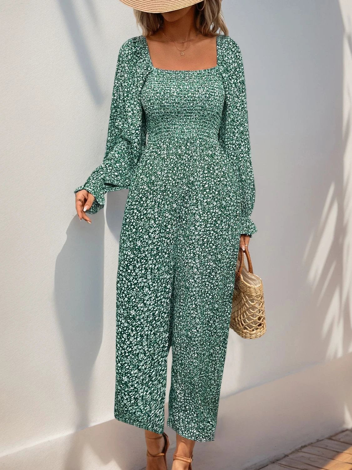 Perfee Smocked Printed Long Sleeve Wide Leg Jumpsuit by Lady Ros