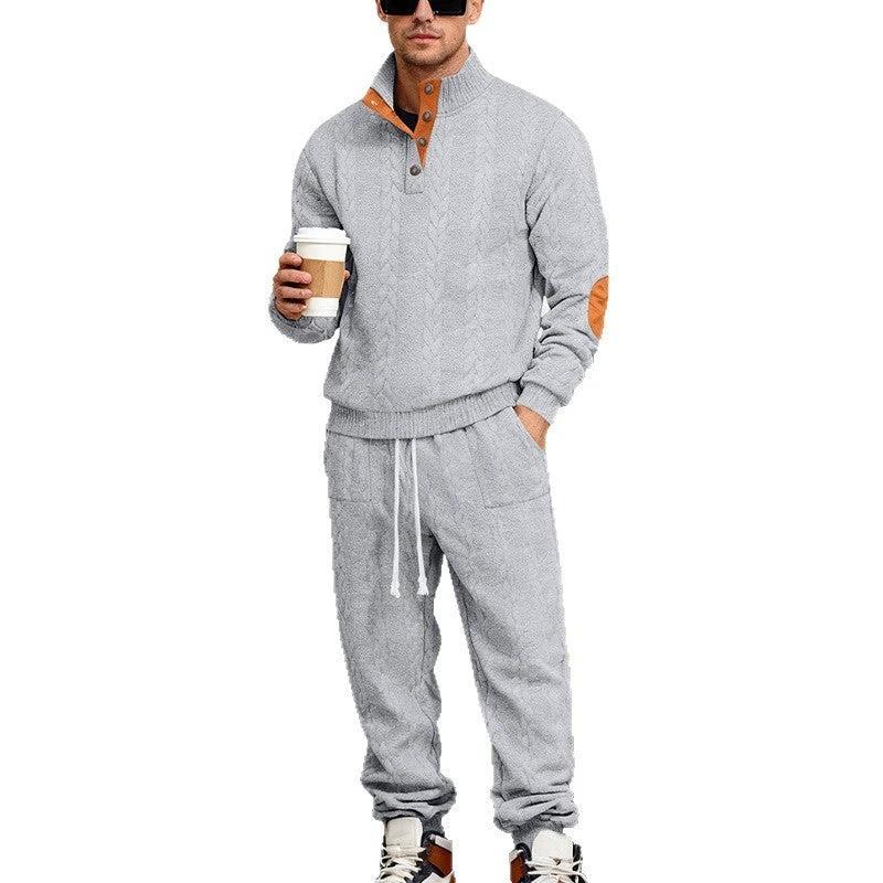 Men's Loose Stand Collar Henley Sweatshirt Casual Pants Set by GJG Denim