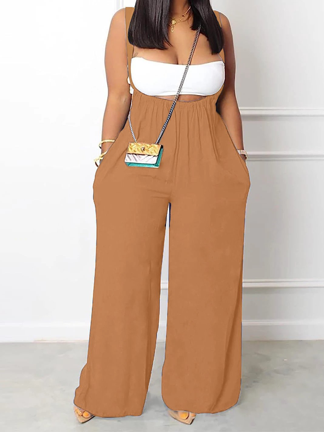 Plus Size Solid Color Pocket Overalls Casual Women's Pants by GJG Denim