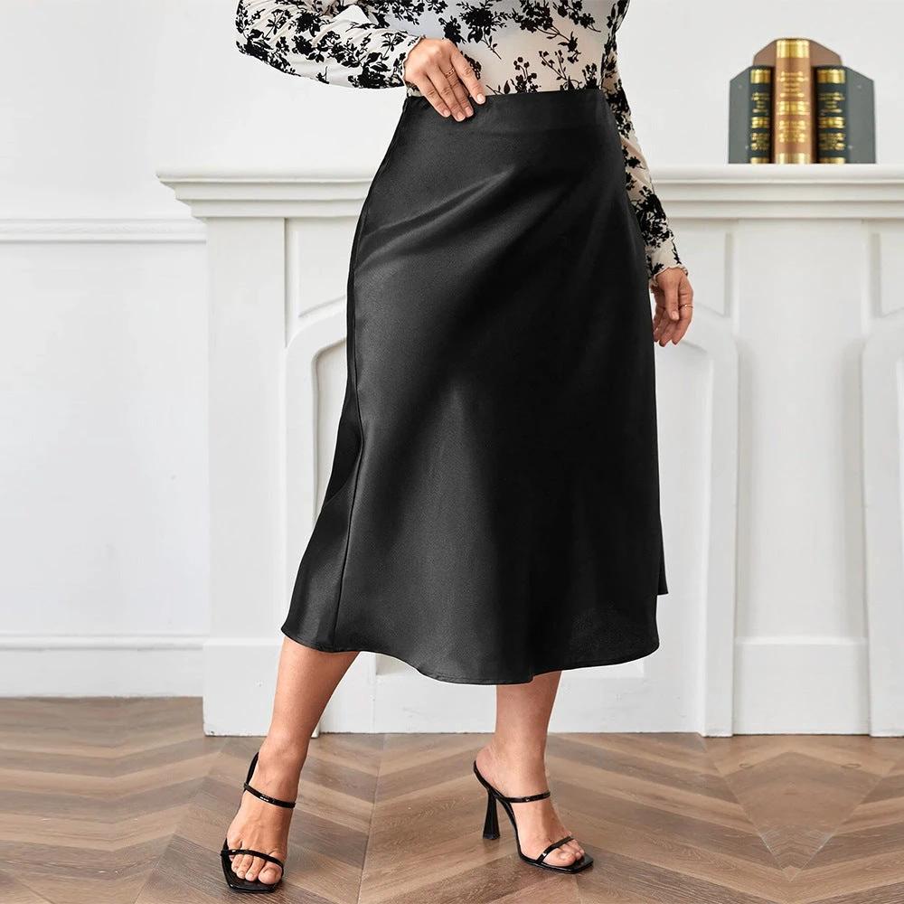 High Waist Zipper Large Hem Satin Satin Temperament Skirt by GJG Denim