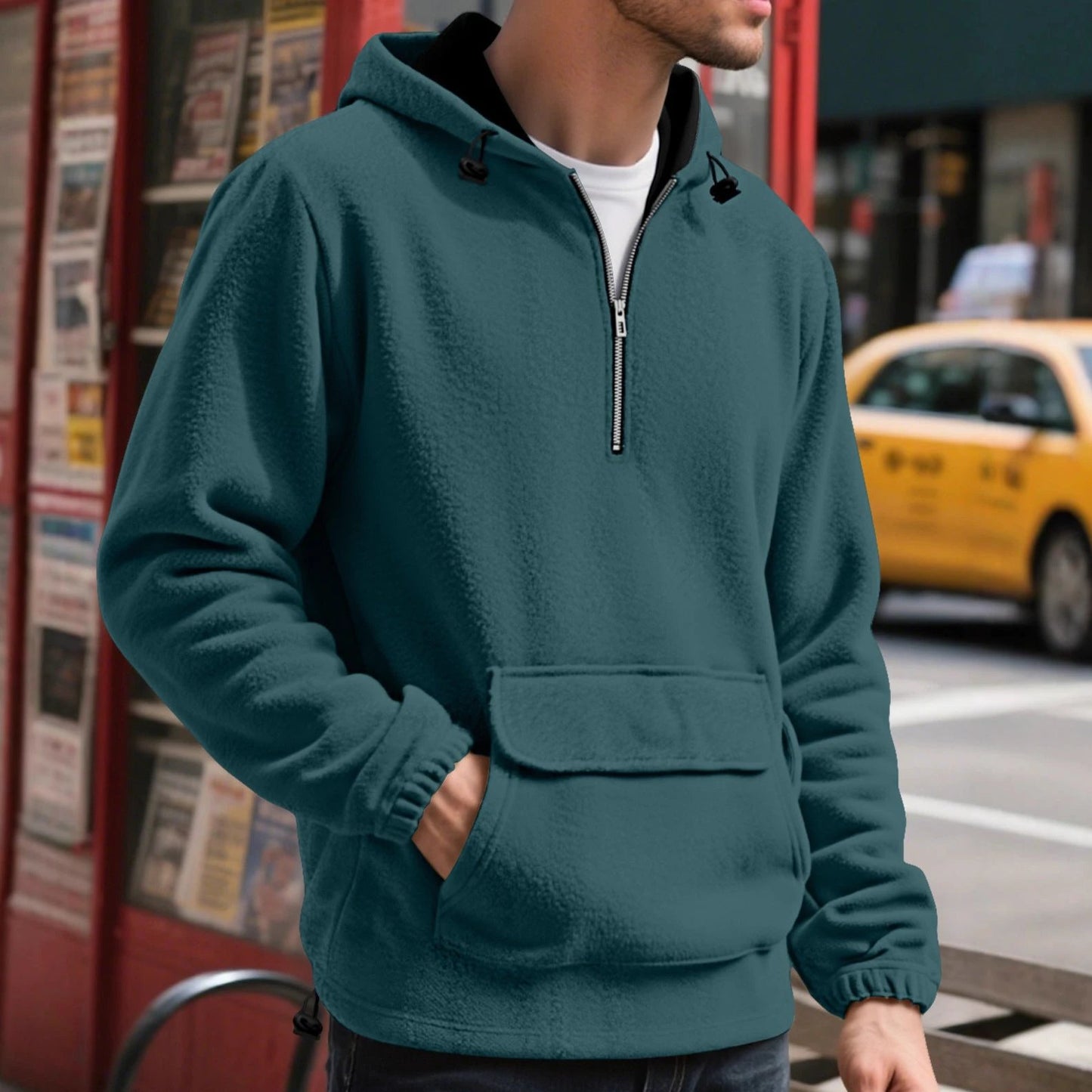 Men's Padded Fleece Solid Color Half Zip Hooded Pullover Sweater by GJG Denim