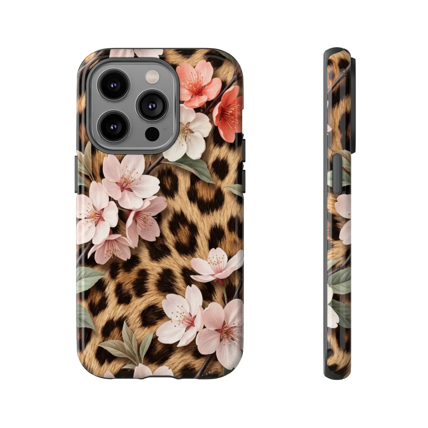 Leopard Floral Tough Case — Protective Phone Case with Pink Cherry Blossoms by Printify