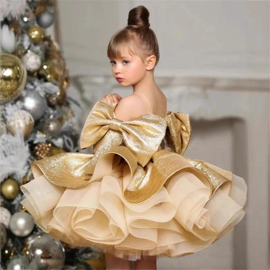 New Gold Satin One Year Old Celebration Dress Western Style Baby Girl Princess Dress by GJG Denim