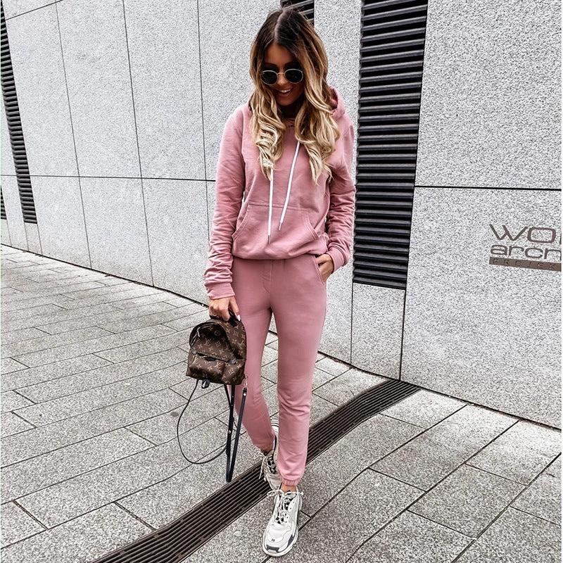 Two-Piece Solid Color Casual Hooded Sweatshirt Sportswear Suit by GJG Denim