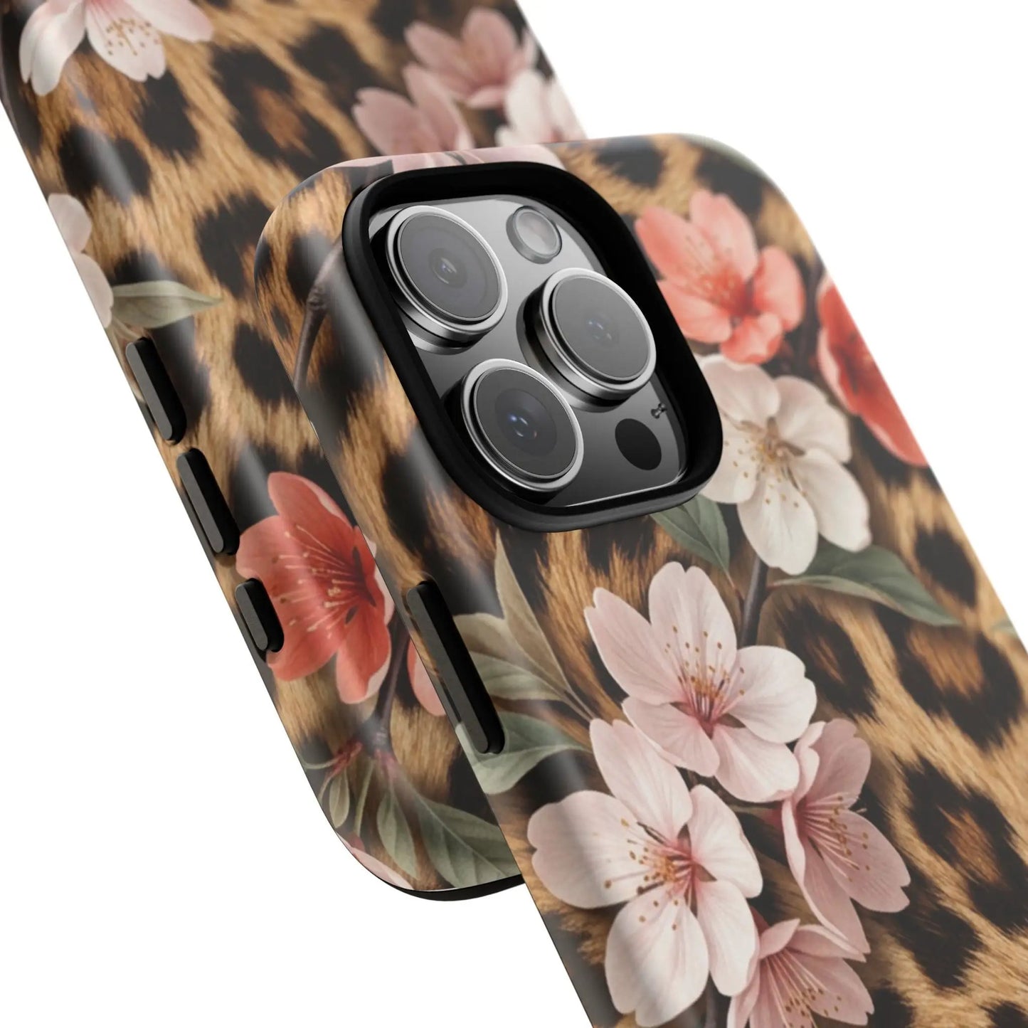 Leopard Floral Tough Case — Protective Phone Case with Pink Cherry Blossoms by Printify