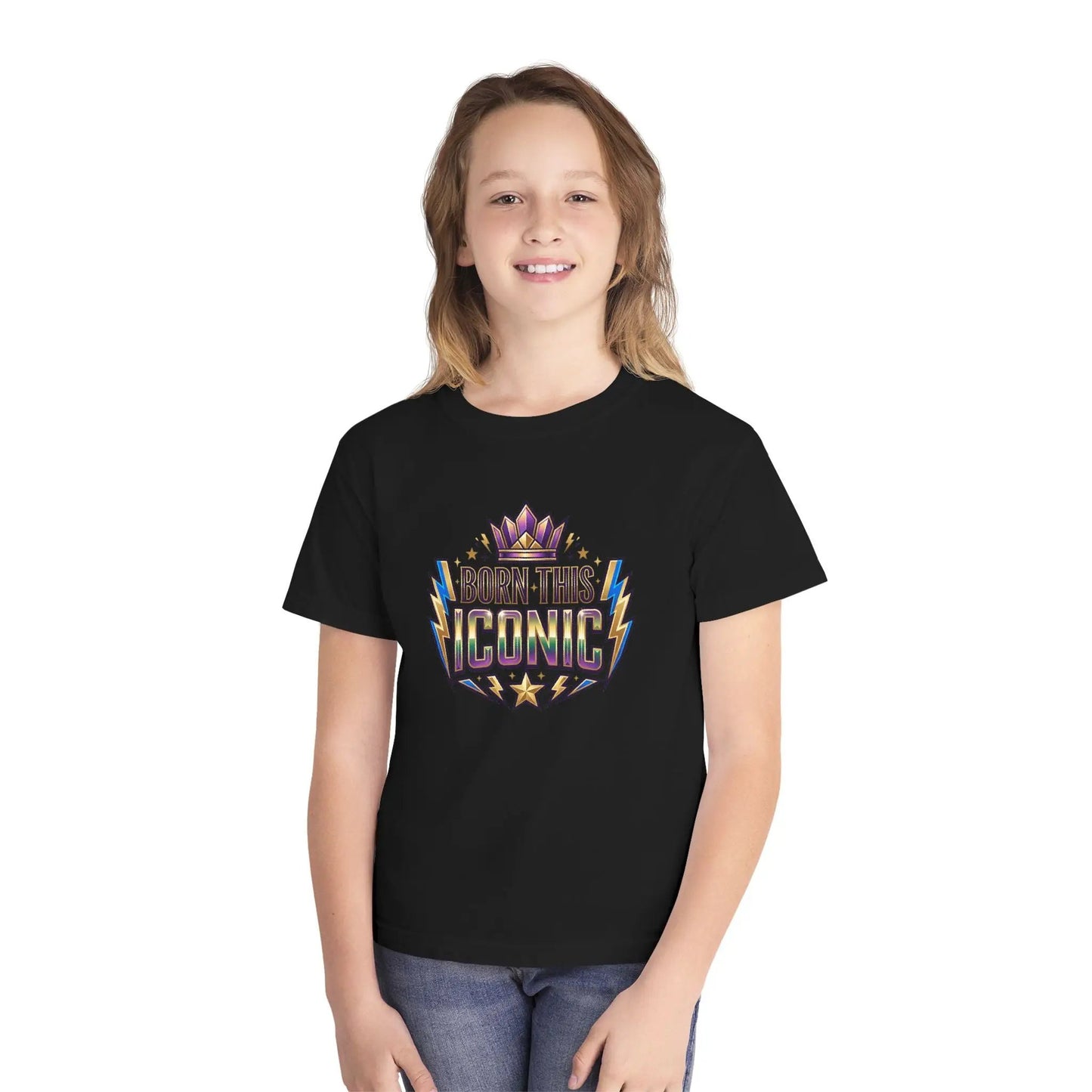 Youth Tee — "Born This Iconic" Crown Graphic by Printify