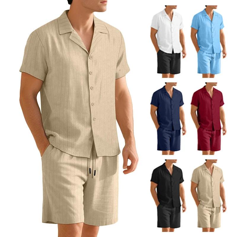 Men's Casual Button-Down Short-Sleeve Shirt And Shorts Set by GJG Denim