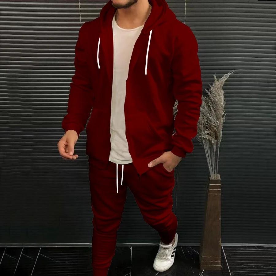 Mens Fashion Solid-Color Casual Hooded Cardigan Set by GJG Denim