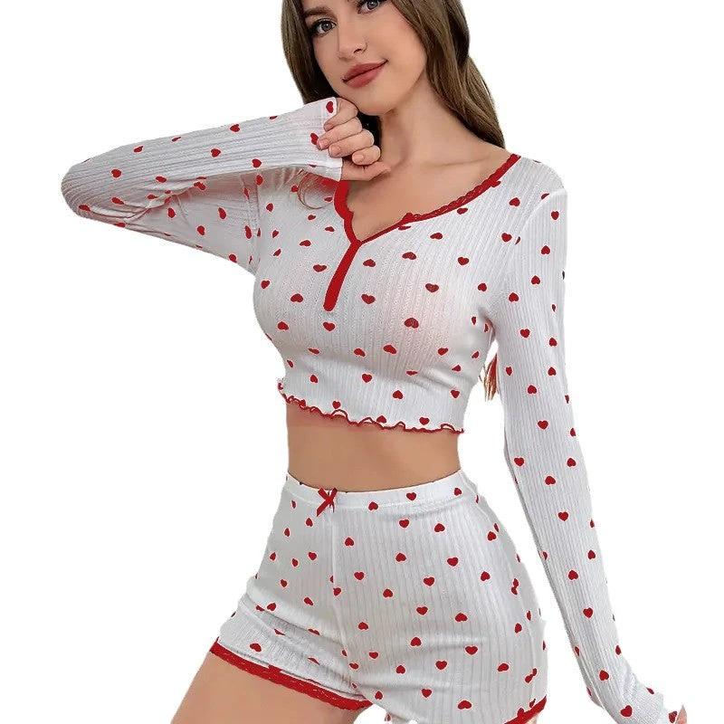Women's Pajamas Long Sleeve Top And Shorts With A Heart Pattern by GJG Denim