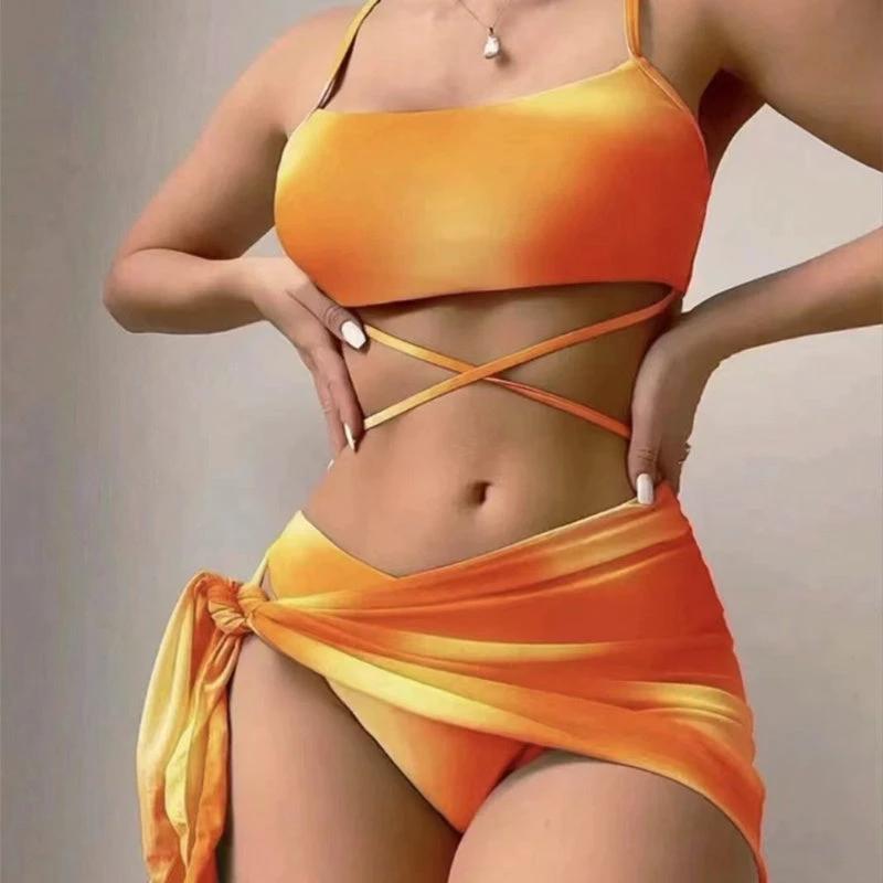 3pcs Tie Dye Print Bikini With Short Skirt Summer Beach Sexy Swimwear Womens Clothing by GJG Denim