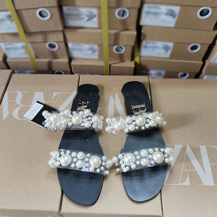 New transparent flat sandals with pearls by GJG Denim