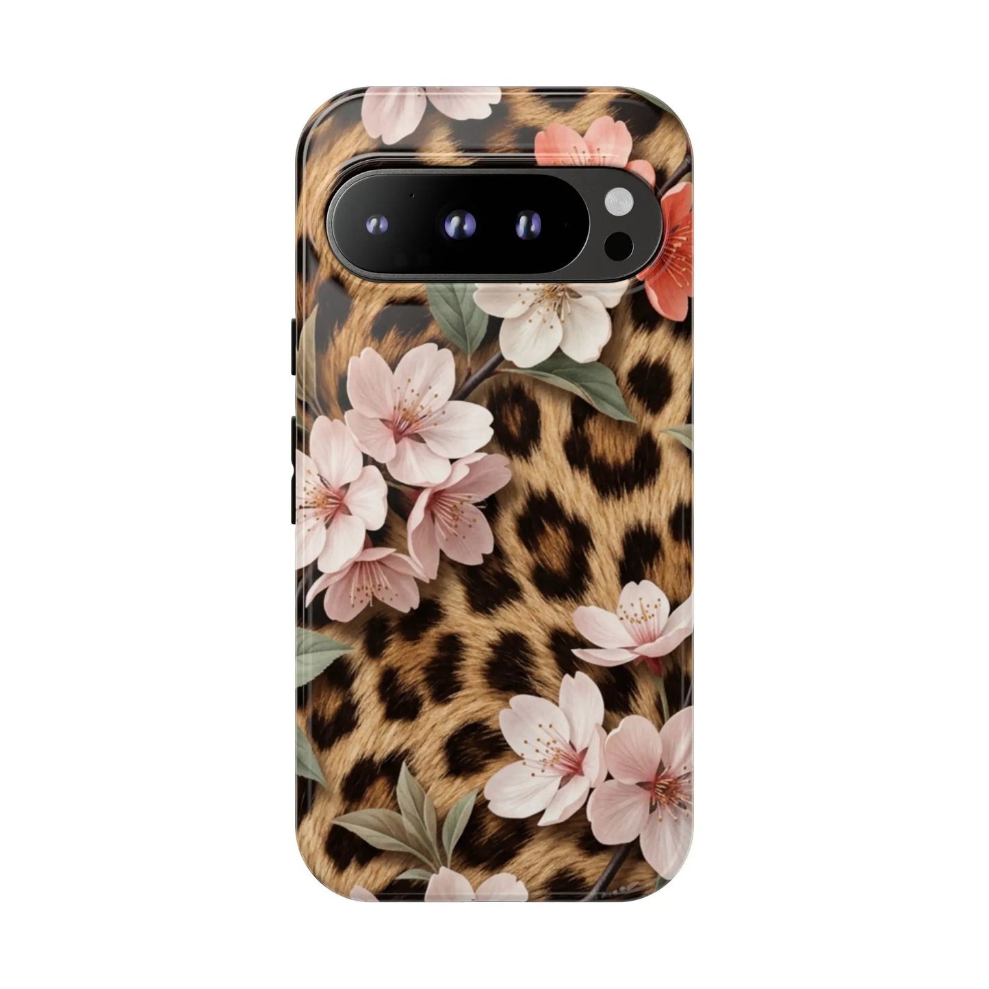 Leopard Floral Tough Case — Protective Phone Case with Pink Cherry Blossoms by Printify