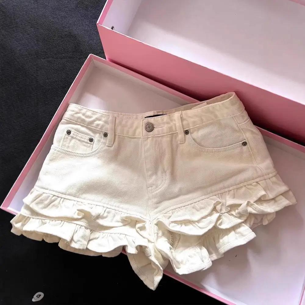 White Ruffled Panel Denim Shorts by GJG Denim