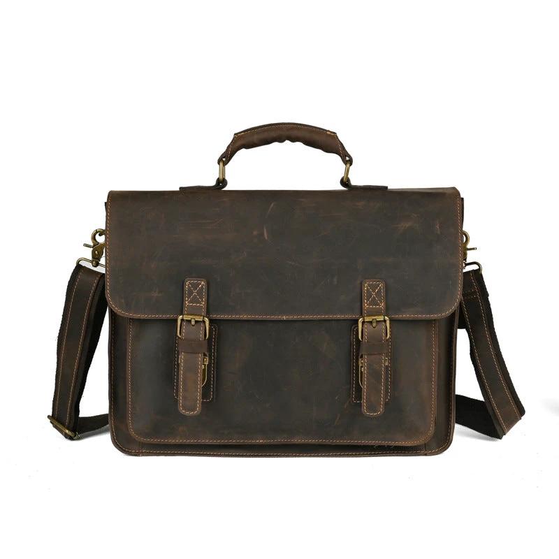 Men's Top Layer Leather One-shoulder Crossbody Laptop Bag by GJG Denim