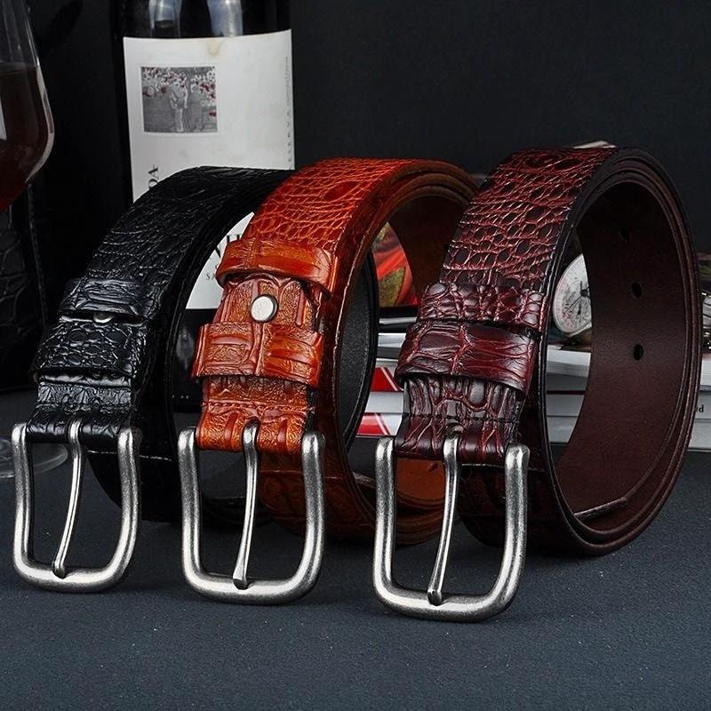 Men's Leather Crocodile Pattern Vintage Pin Buckle Belt by GJG Denim