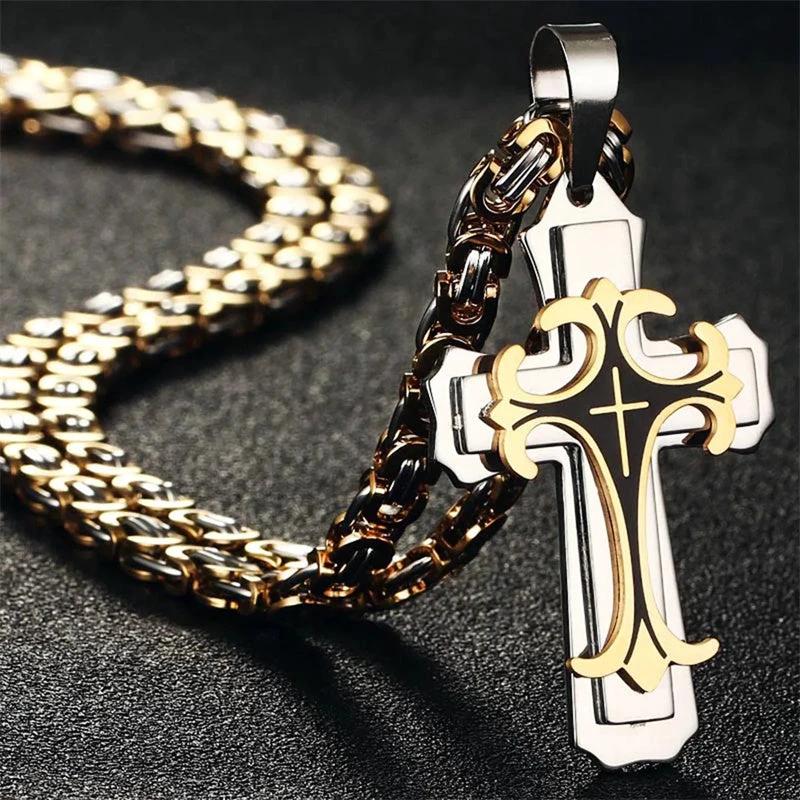 Christian Trinity Latin Cross Necklace For Men Stainless Steel Three Layers by GJG Denim