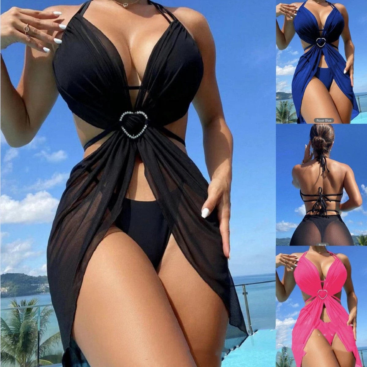 3pcs Halter Neck Bikini Beach Summer Solid Color Split Swimsuit Womens Clothing by GJG Denim