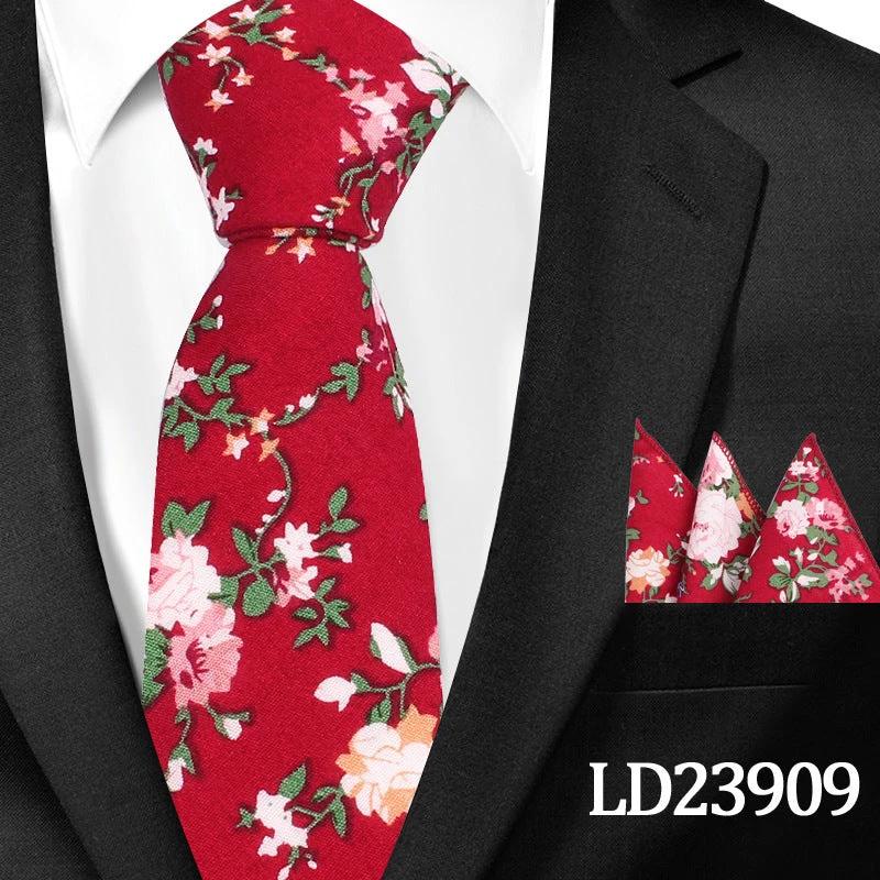 Men's Casual Cotton Floral Print 6cm Tie and Pocket Square by GJG Denim