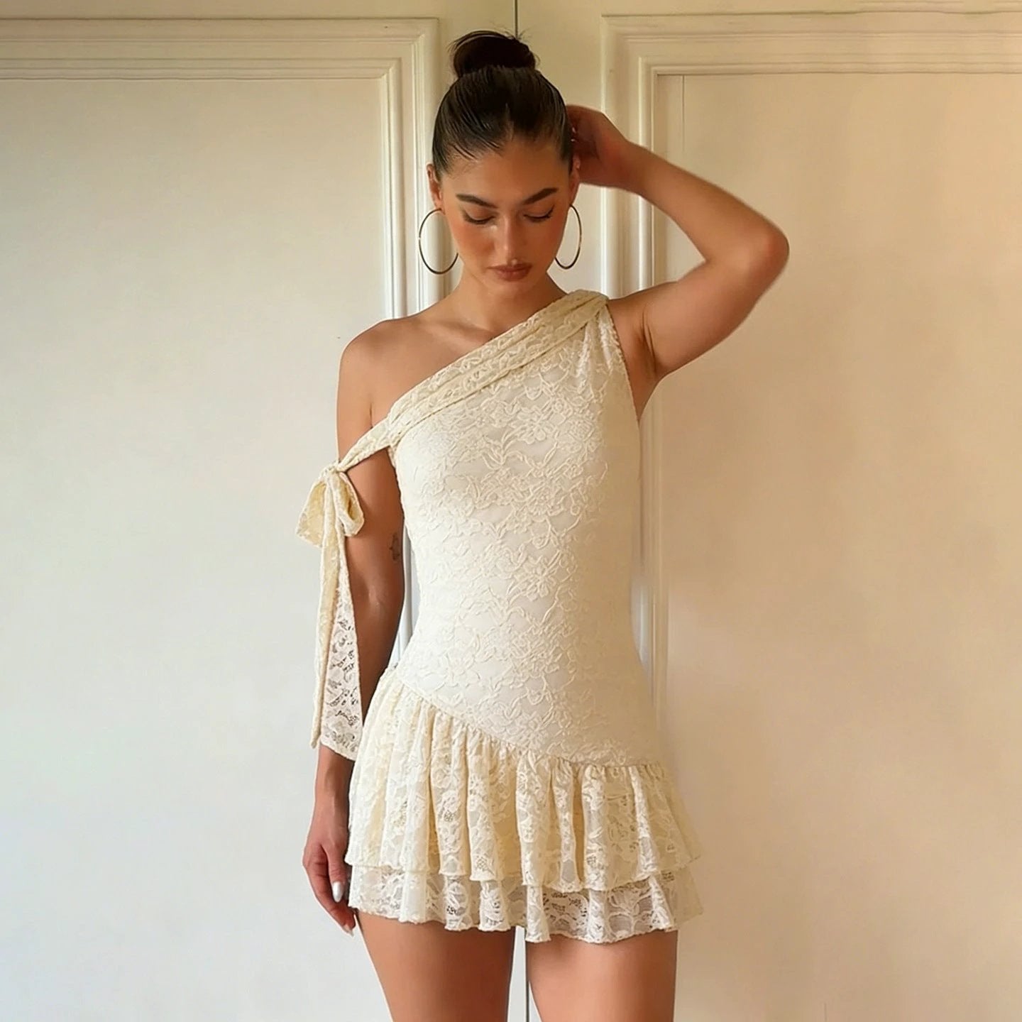 French-style Asymmetrical Off-Shoulder Lace Sleeveless Dress With Tying Straps by GJG Denim