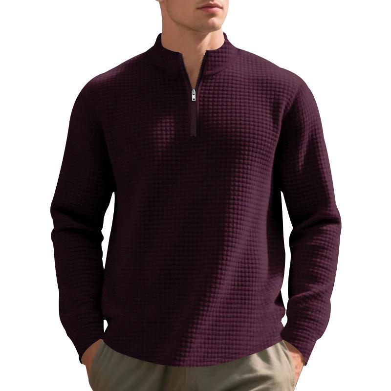 Men's Stand Collar Half Zip Small Plaid Sweater by GJG Denim