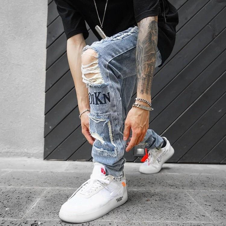 Knee Hole Patch Cloth Jeans For Men by GJG Denim