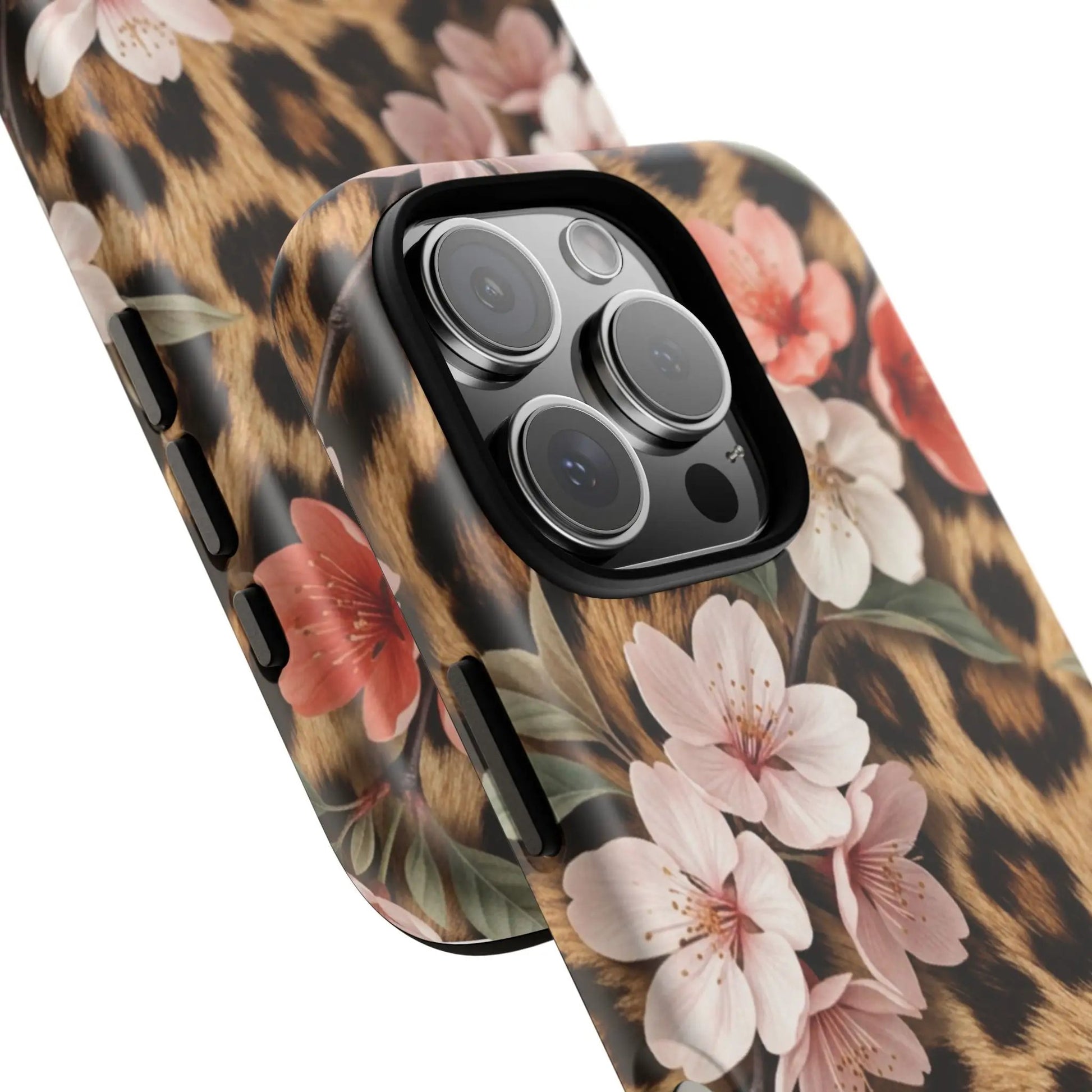 Leopard Floral Tough Case — Protective Phone Case with Pink Cherry Blossoms by Printify