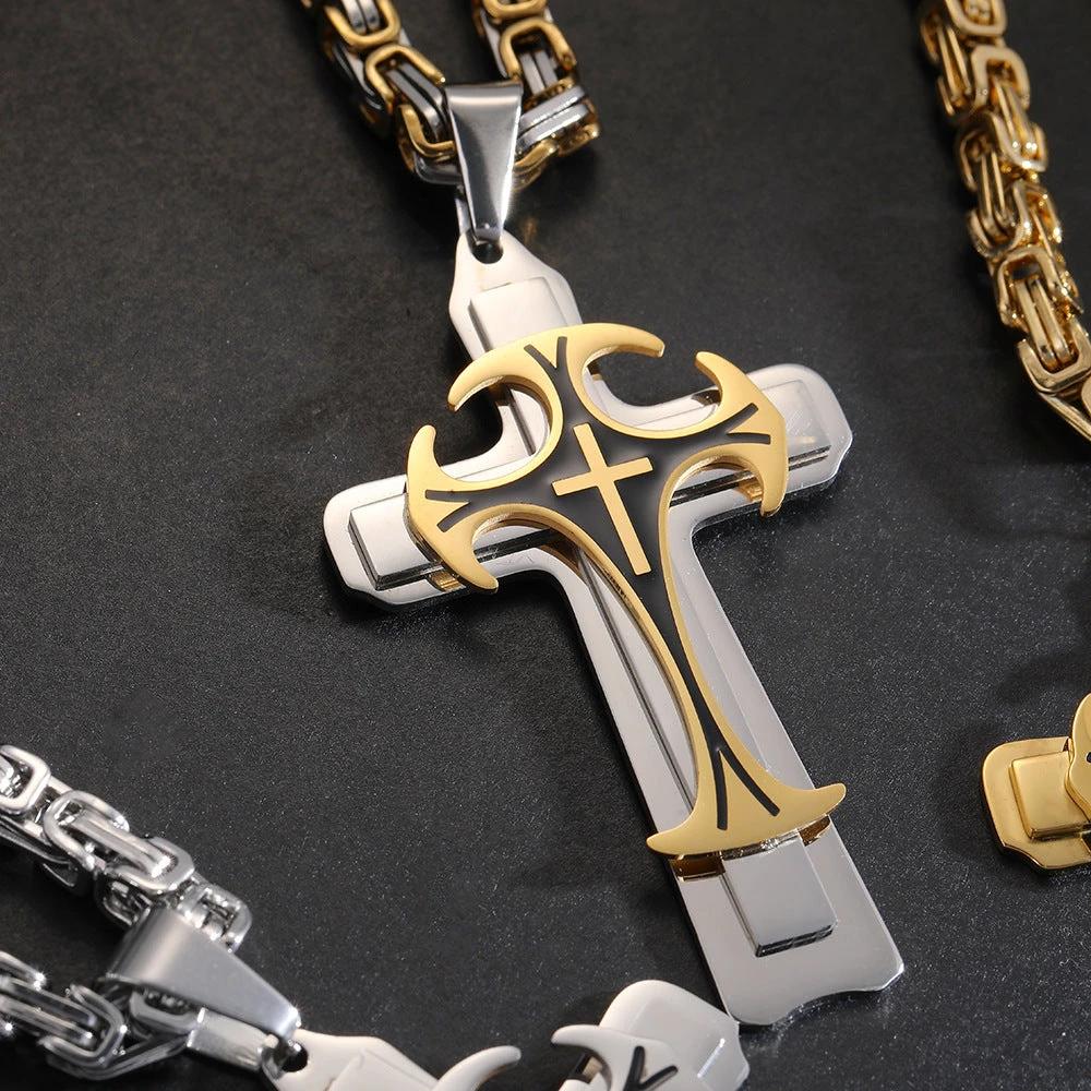 Christian Trinity Latin Cross Necklace For Men Stainless Steel Three Layers by GJG Denim