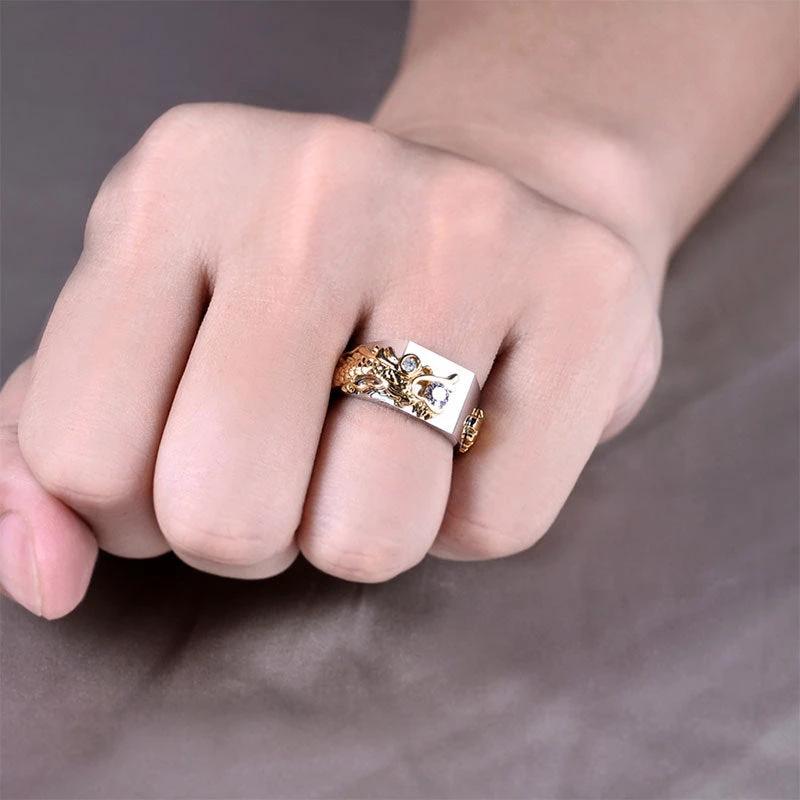 Men's Dragon Pattern Two-color Zircon Rhinestone Ring by GJG Denim