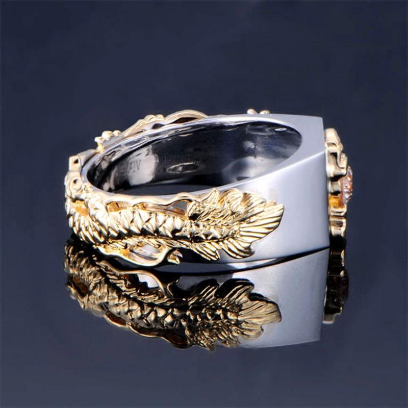 Men's Dragon Pattern Two-color Zircon Rhinestone Ring by GJG Denim