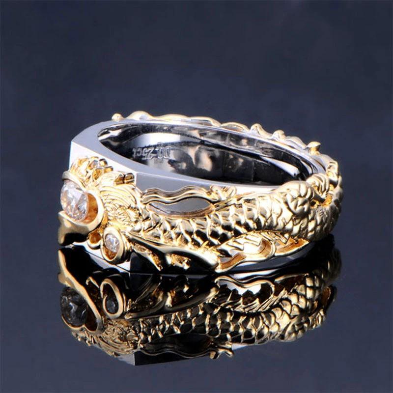 Men's Dragon Pattern Two-color Zircon Rhinestone Ring by GJG Denim