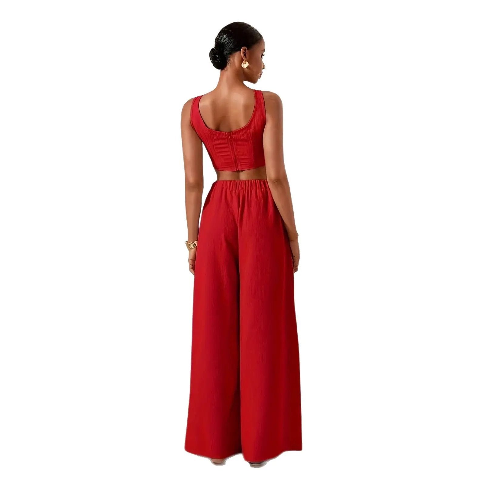 Vacation-Ready Fishbone Strap Top And Wide-Leg Pants With Pockets 2-Piece Set by GJG Denim