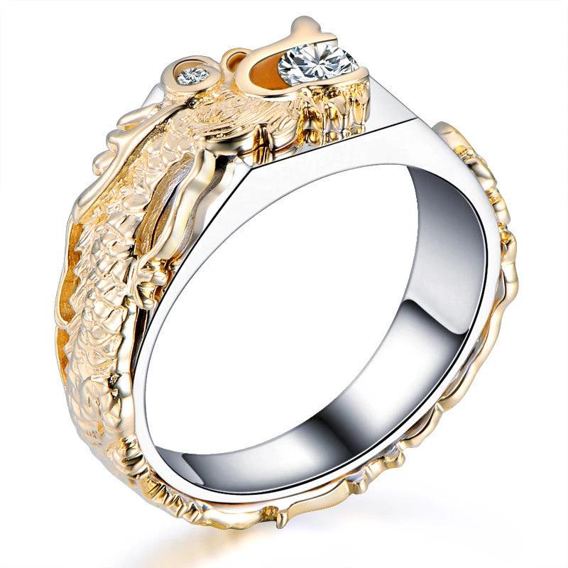 Men's Dragon Pattern Two-color Zircon Rhinestone Ring by GJG Denim