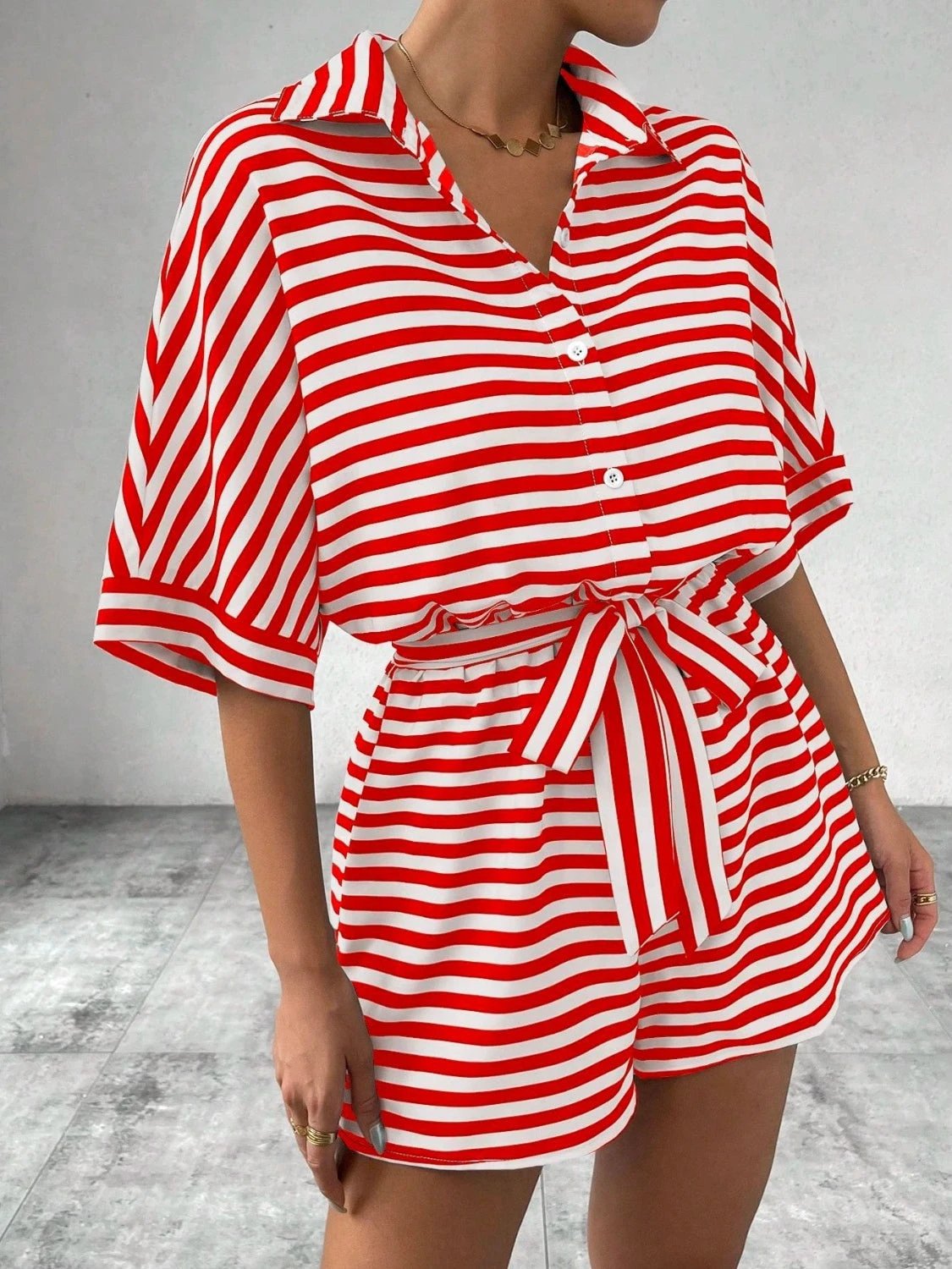 Tie Waist Half Button Striped Romper by VYSN