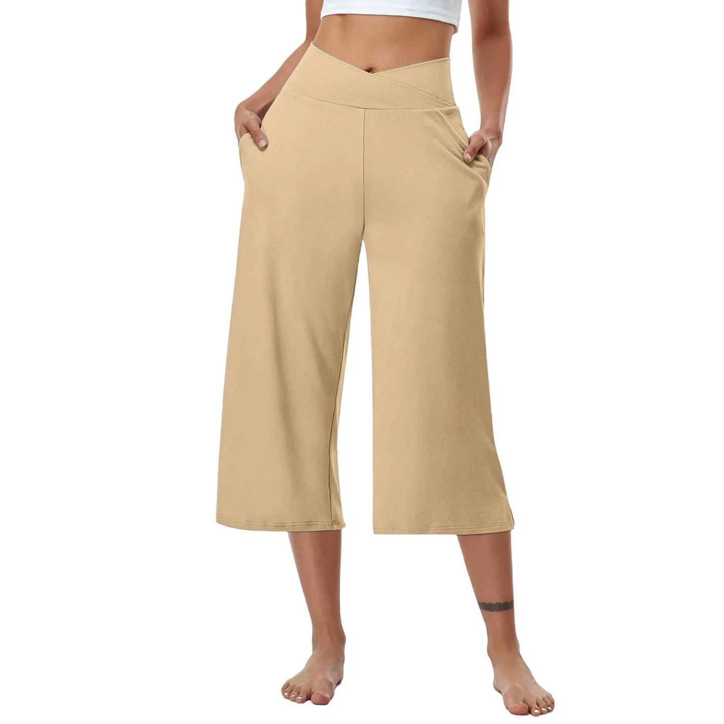 High-Waist Butt-Lifting V-Shaped Waist Wide-Leg Fitness Running Cropped Pants by GJG Denim