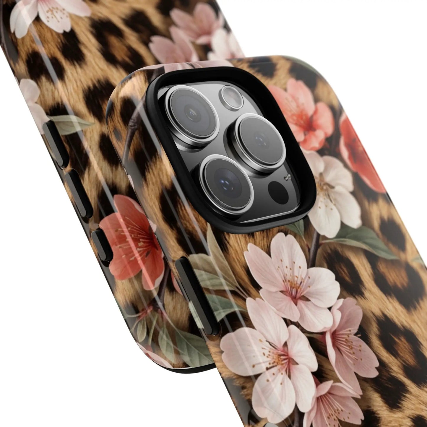 Leopard Floral Tough Case — Protective Phone Case with Pink Cherry Blossoms by Printify