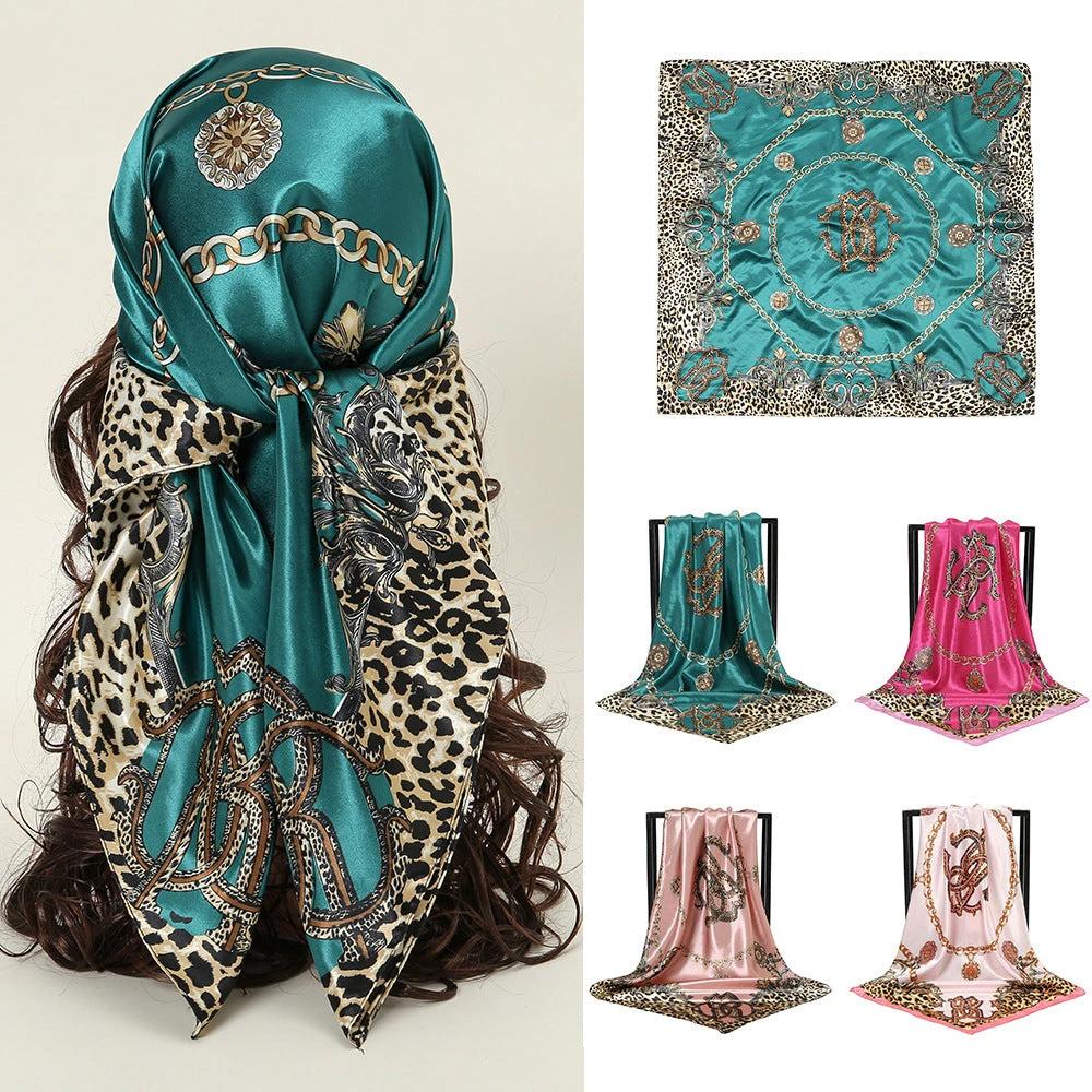 Leopard-print Chain Decorative Satin Scarf by GJG Denim