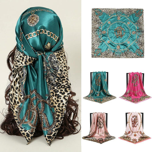 Leopard-print Chain Decorative Satin Scarf by GJG Denim
