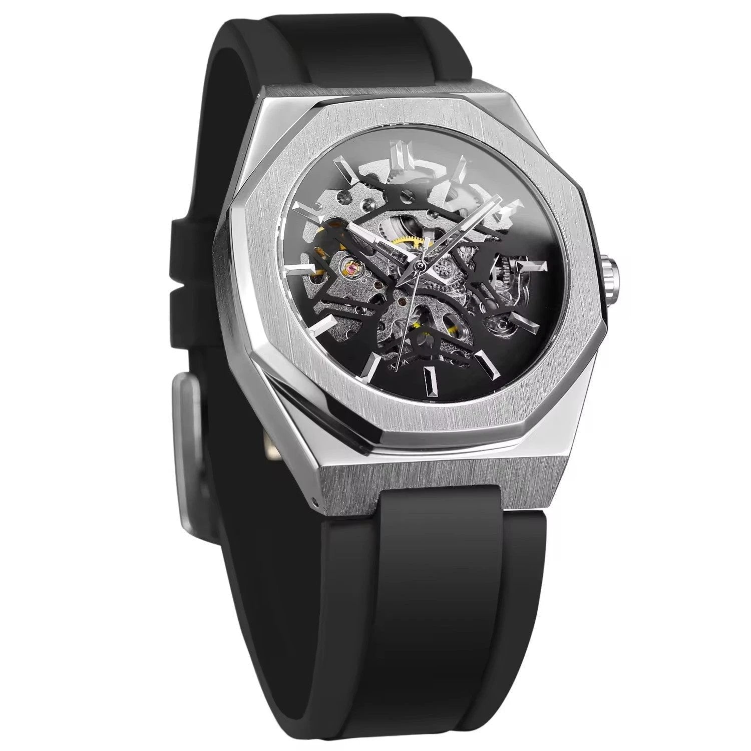 Casual Silver Hollow Skeleton Rubber-band Automatic Mechanical Watch For Men by GJG Denim