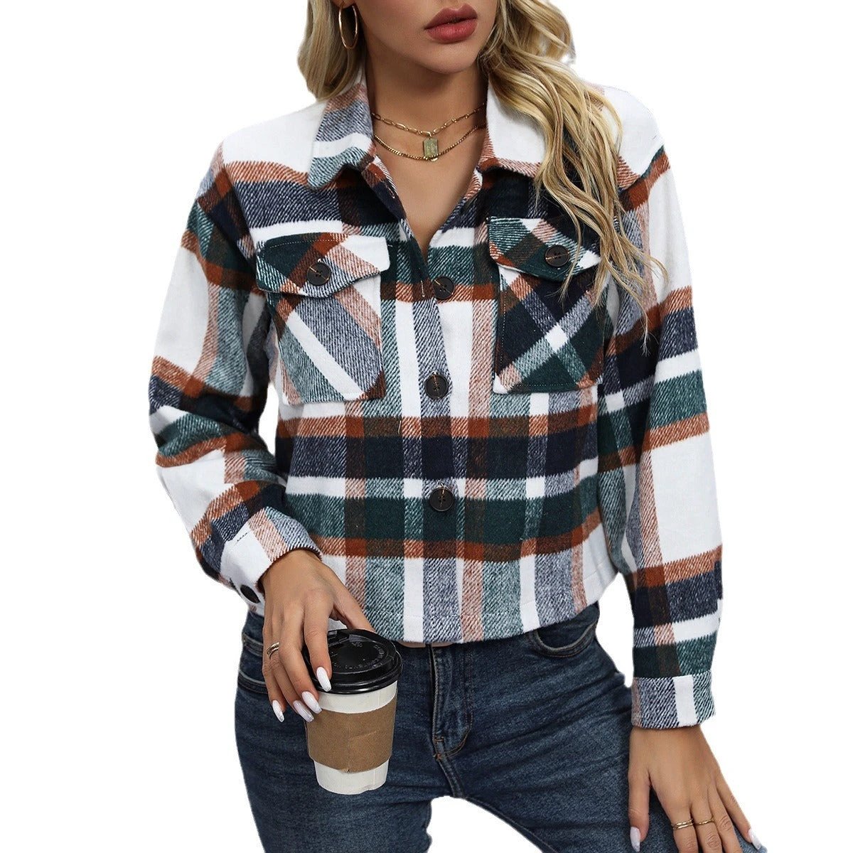 Autumn And Winter New Fashion Casual Pocket Plaid Women's Woolen Short Coat by GJG Denim