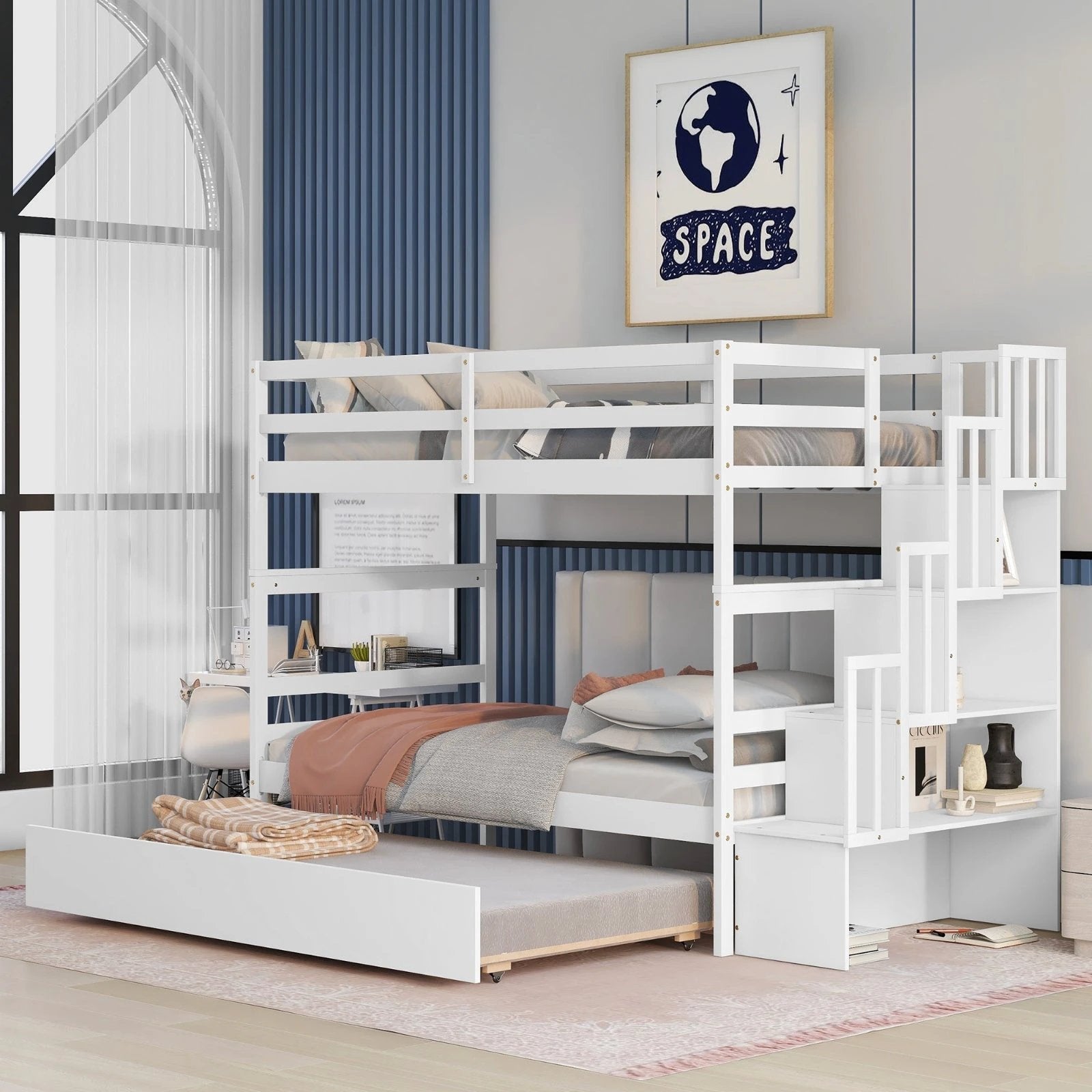 Twin Bunk Beds With Trundle & Stairway Storage In White by GJG Denim
