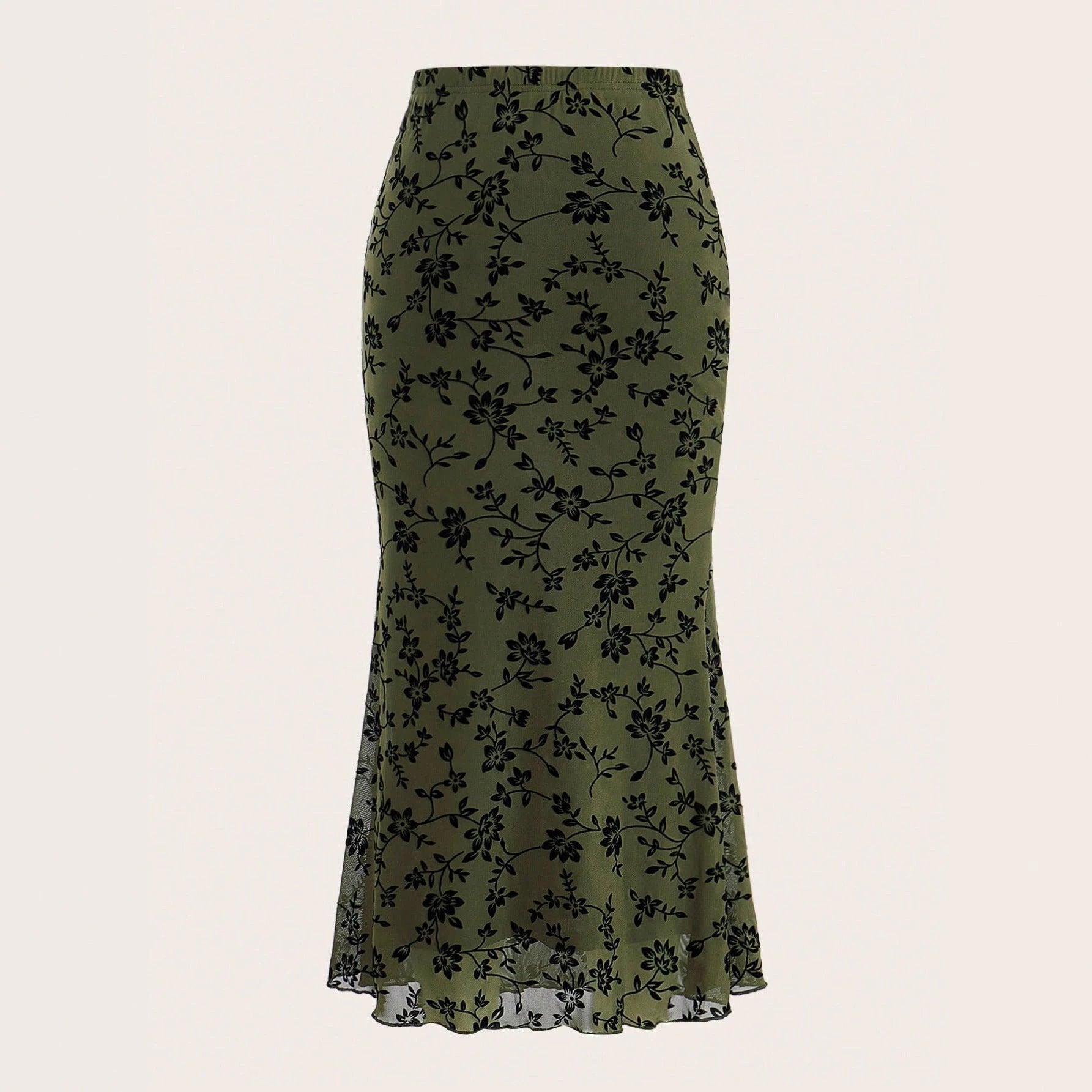 Dark Green Floral Half-length Fishtail Skirt For Women by GJG Denim