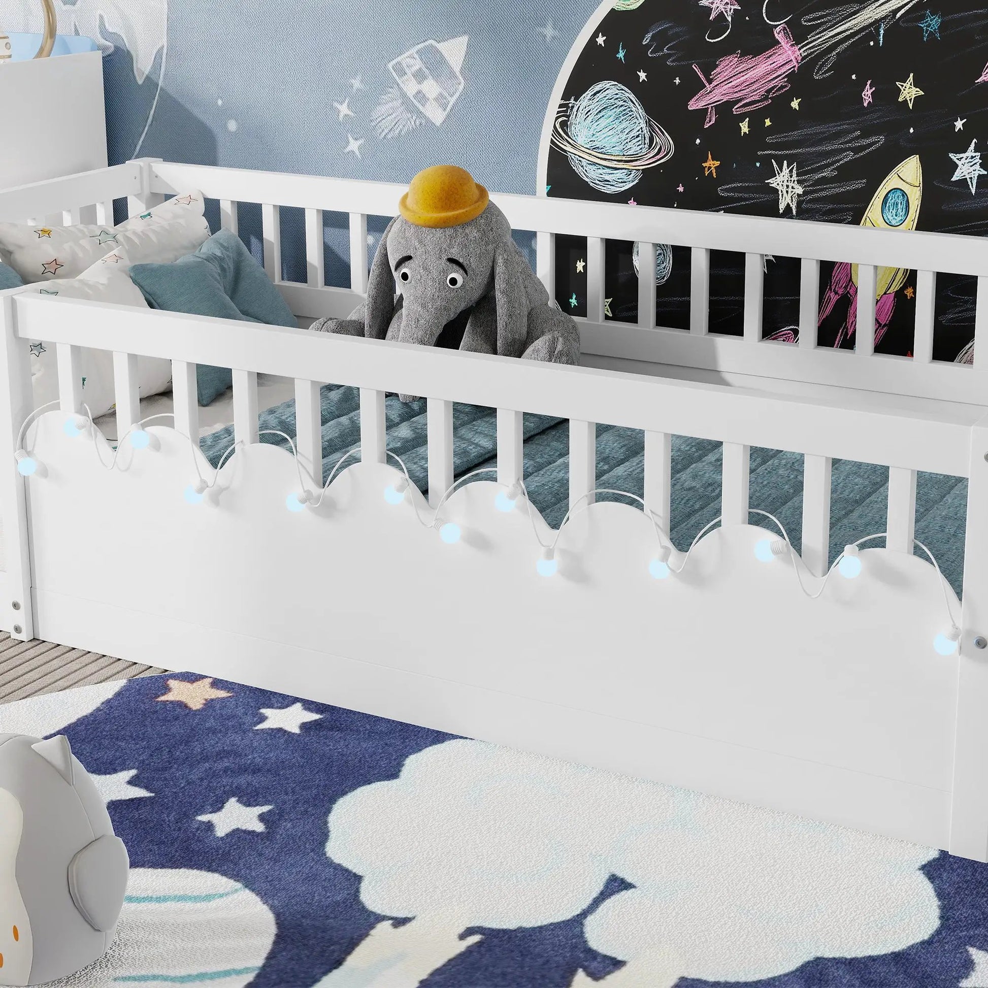 Twin Montessori Floor Bed Frame With High Rails, Wood Kids Floor Beds With Light And Storage Shelf, White by GJG Denim