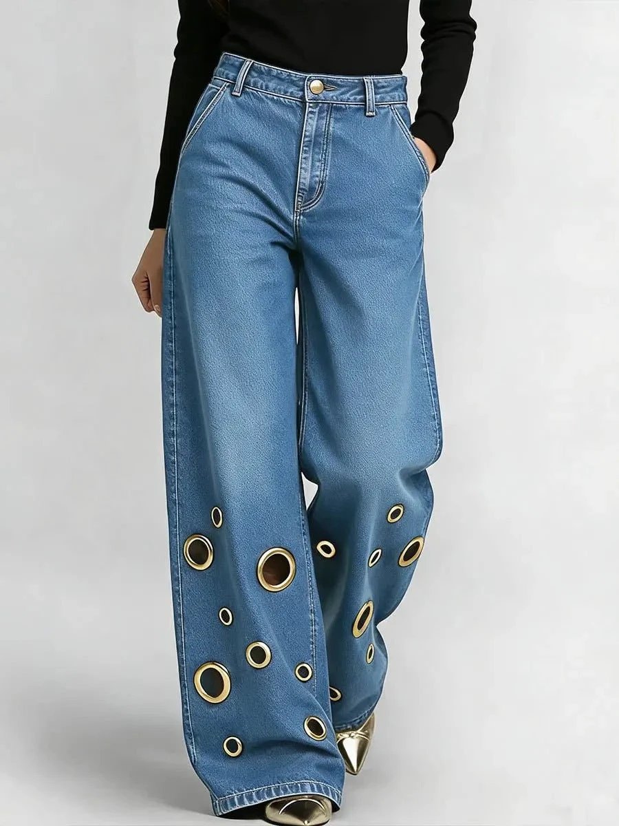 High-waisted Loose-fit Denim Jeans With Cutout Detailing And Metal Eyelets by GJG Denim