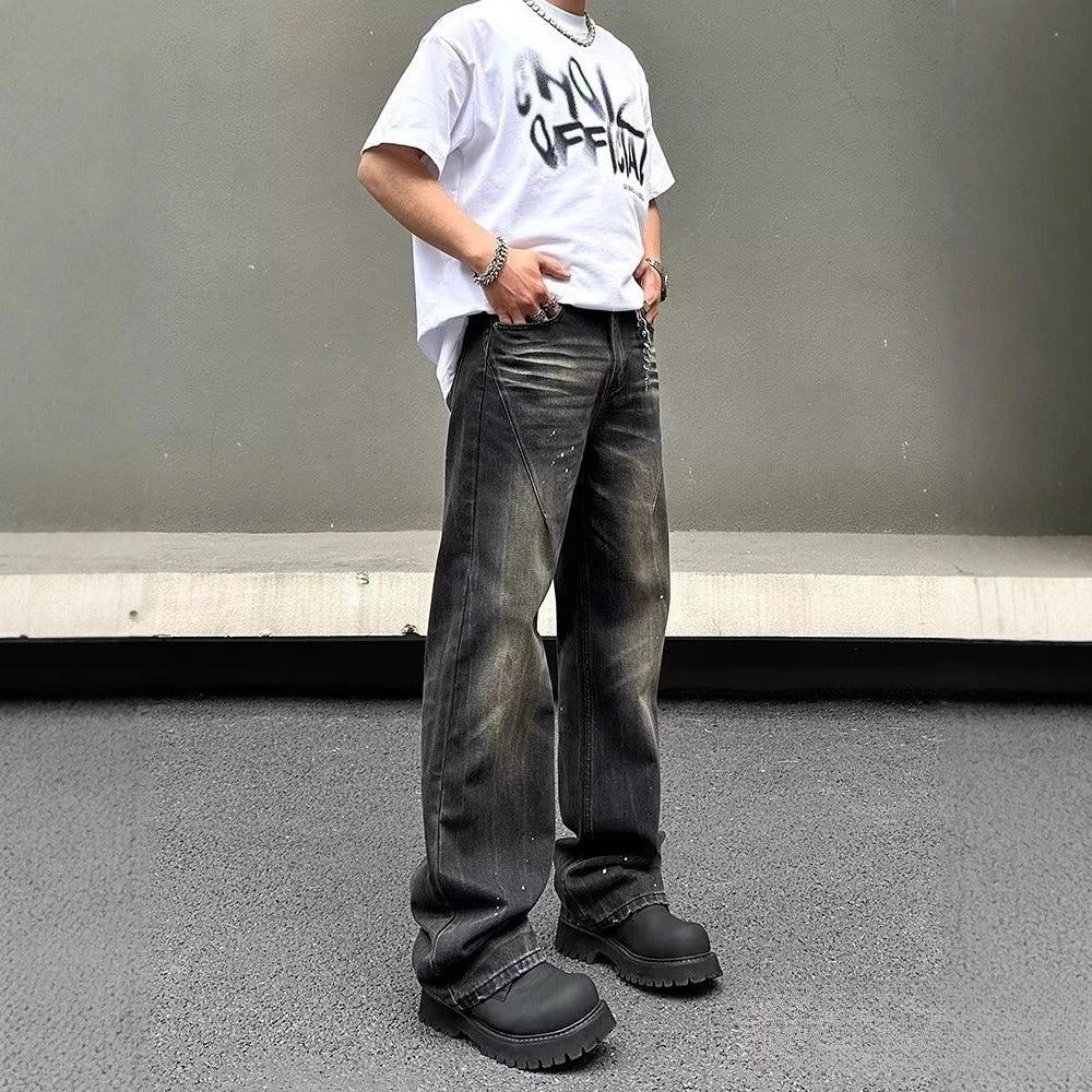 Retro Black Tie-dye Straight-leg Jeans For Men by GJG Denim
