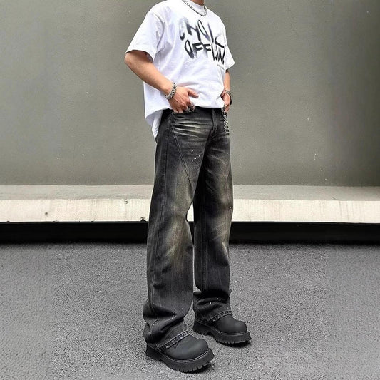 Retro Black Tie-dye Straight-leg Jeans For Men by GJG Denim