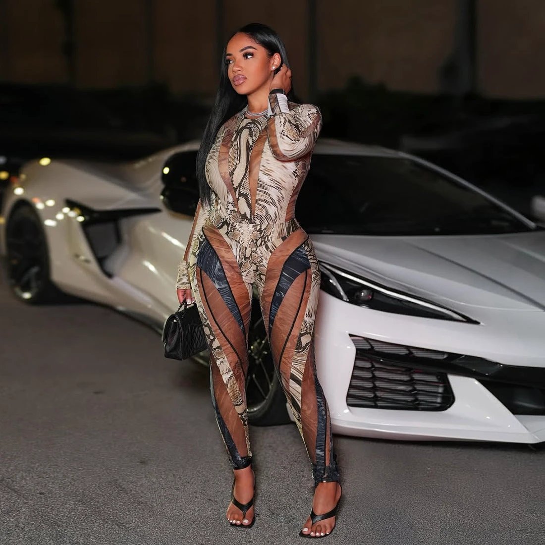 Personalized Snake-Print Bodycon Sexy Jumpsuit by GJG Denim