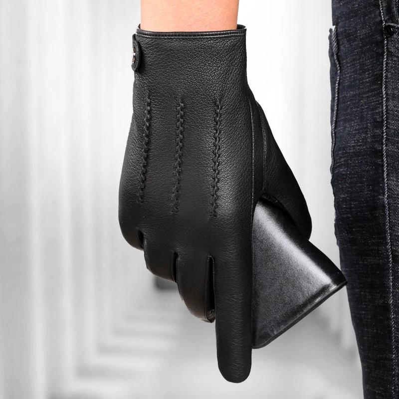 Fleece-lined Thickened Leather Gloves For Men by GJG Denim