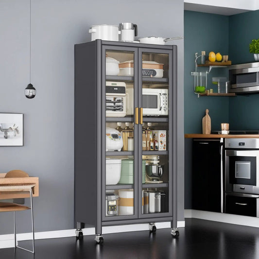 Open-door Kitchen Shelving Floor-to-ceiling Multilevel Household Microwave Storage Cabinet Bowls Side Cabinets Cabinets Storage Cabinets Grey Color by GJG Denim