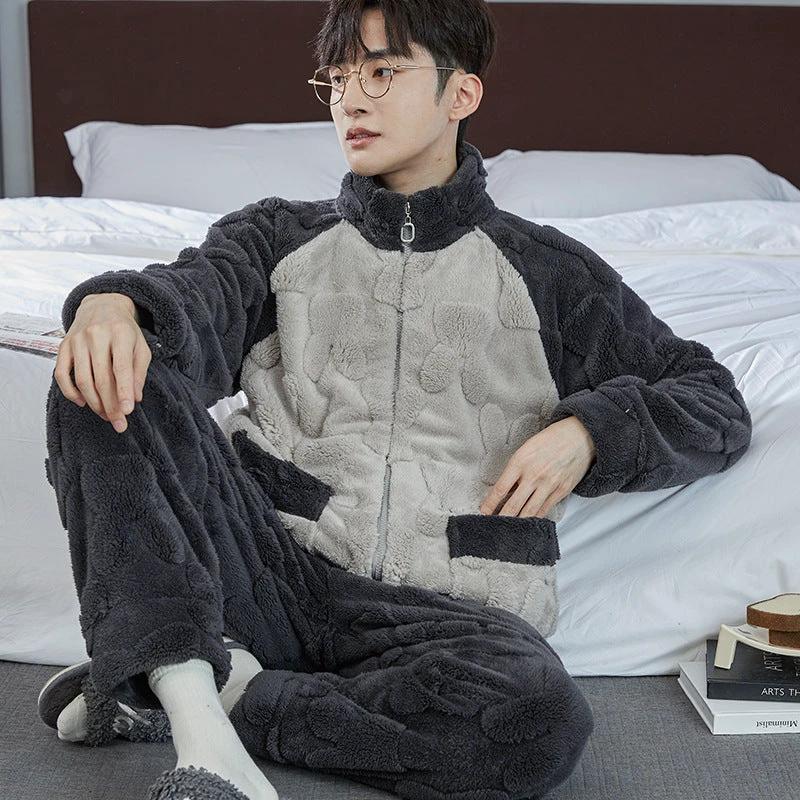 Pajamas Men's Jacquard Flannel Loose Fleece-lined Warm Loungewear by GJG Denim