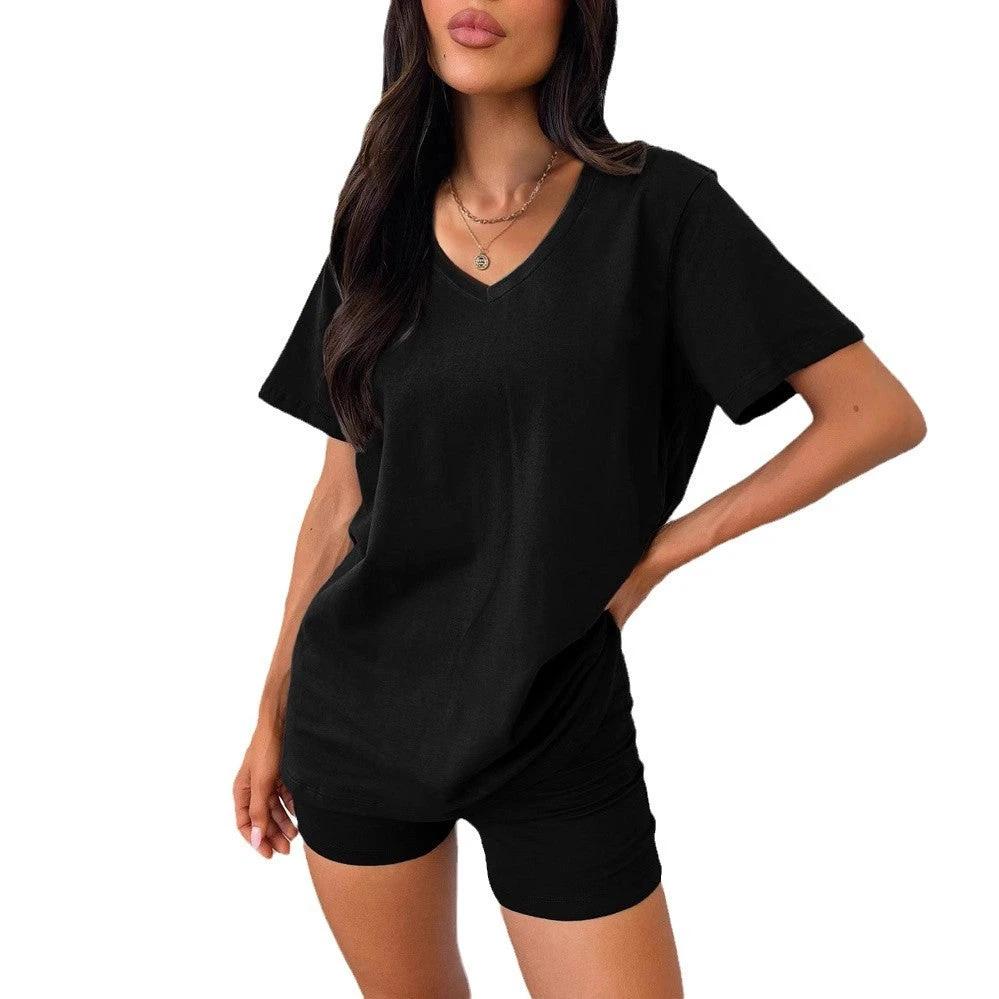 V-neck Fashion Solid Color Casual Fashion Shorts Suit Women by GJG Denim